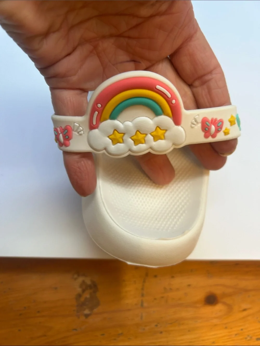 New kids croc-style sandals with rainbow and butterfly on strap
